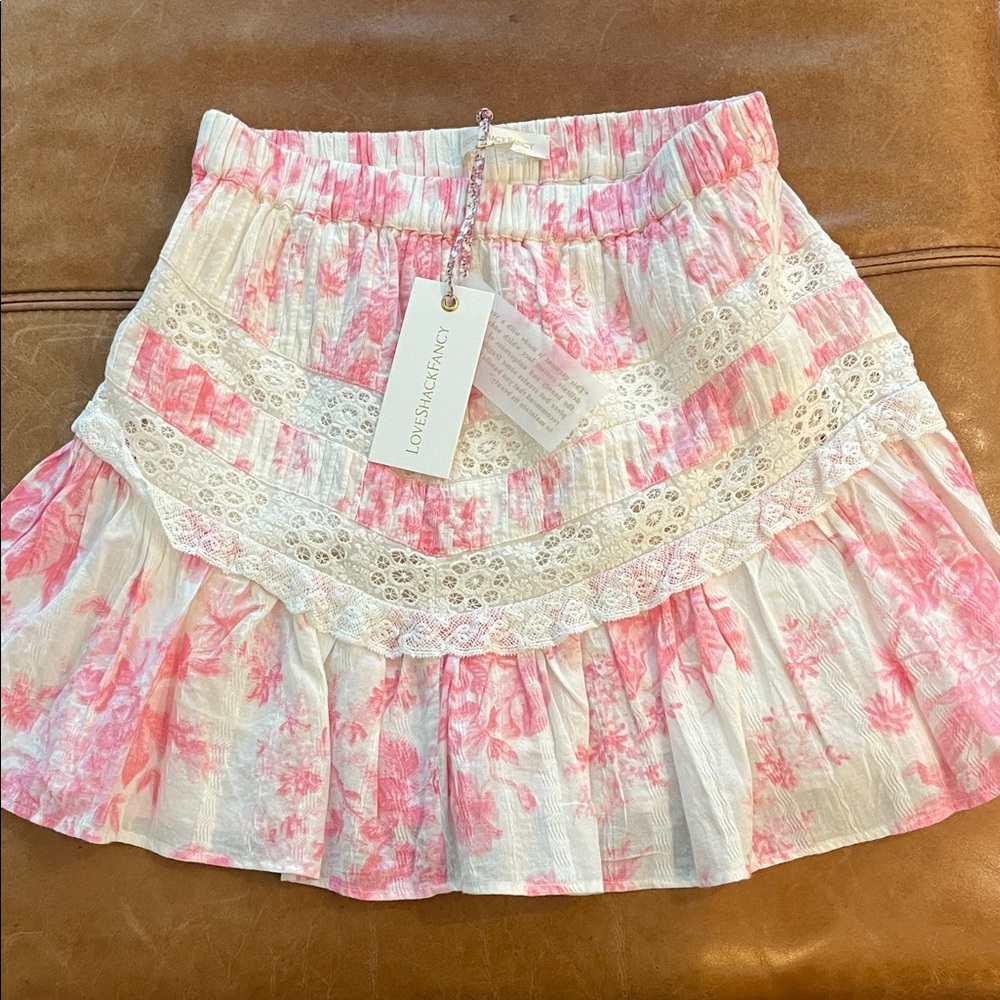 Love Shack Fancy Mini Skirt in Pink and White Floral